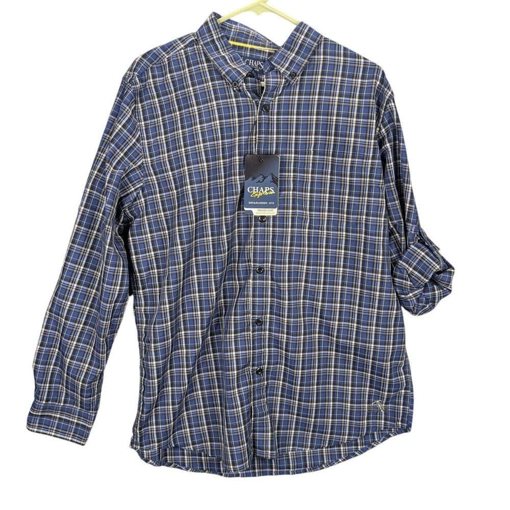 Chaps Explorer Shirt Mens Medium Blue Plaid Trekker Moisture Wicking UPF 50+ Tab